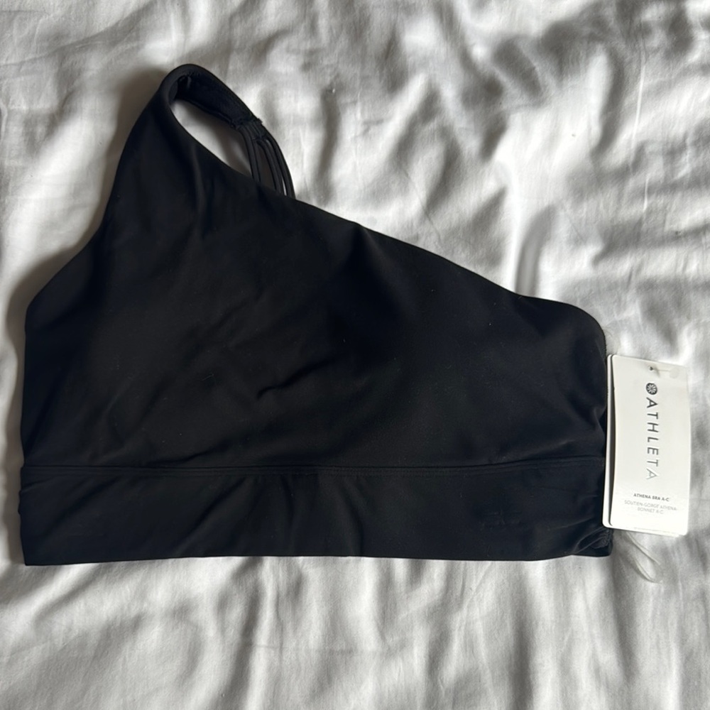 Athleta Black Sports Bra with Asymmetrical Design and Soft Stretch Fabric